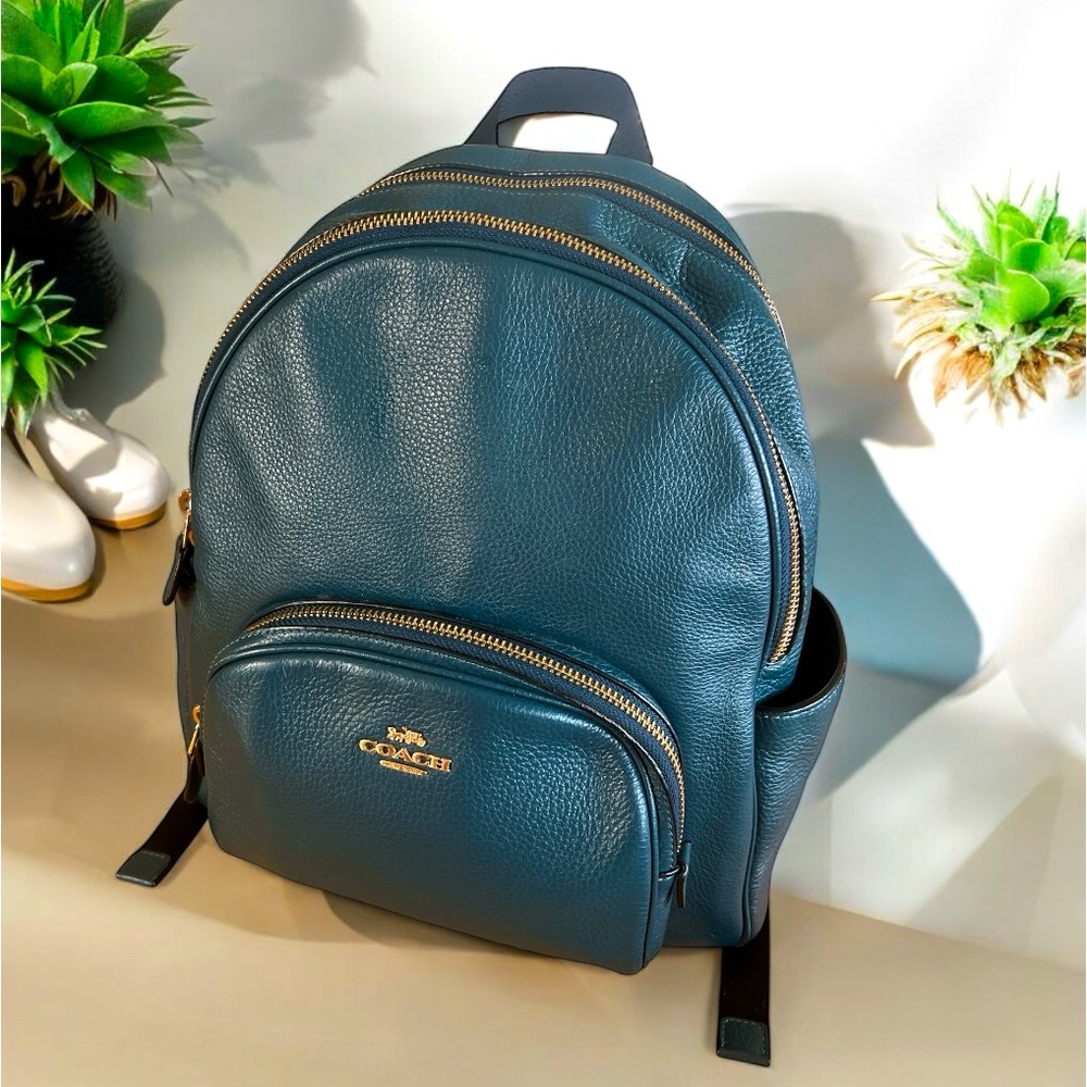 Coach Court Peacock Blue Teal Leather Backpack Adjustable Straps Gold Accent